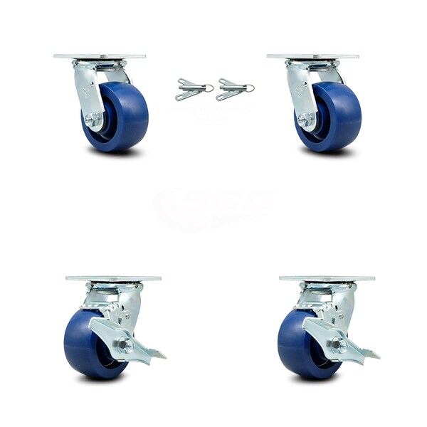 4 Inch Solid Polyurethane Caster Set with Ball Bearings 2 Swivel Lock 2 Brake